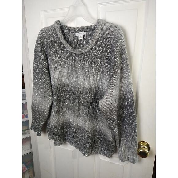 Liz Claiborne Woman XL Sweater Grey Sparkly Hi Low Ombre Striped Pullover - Picture 2 of 11